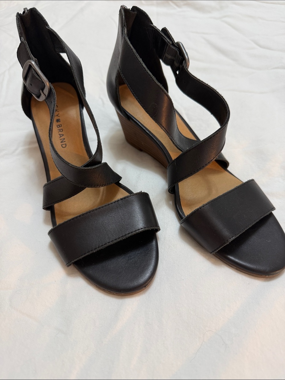 Lucky Brand - Black Leather Crisscross Wedge Sandals